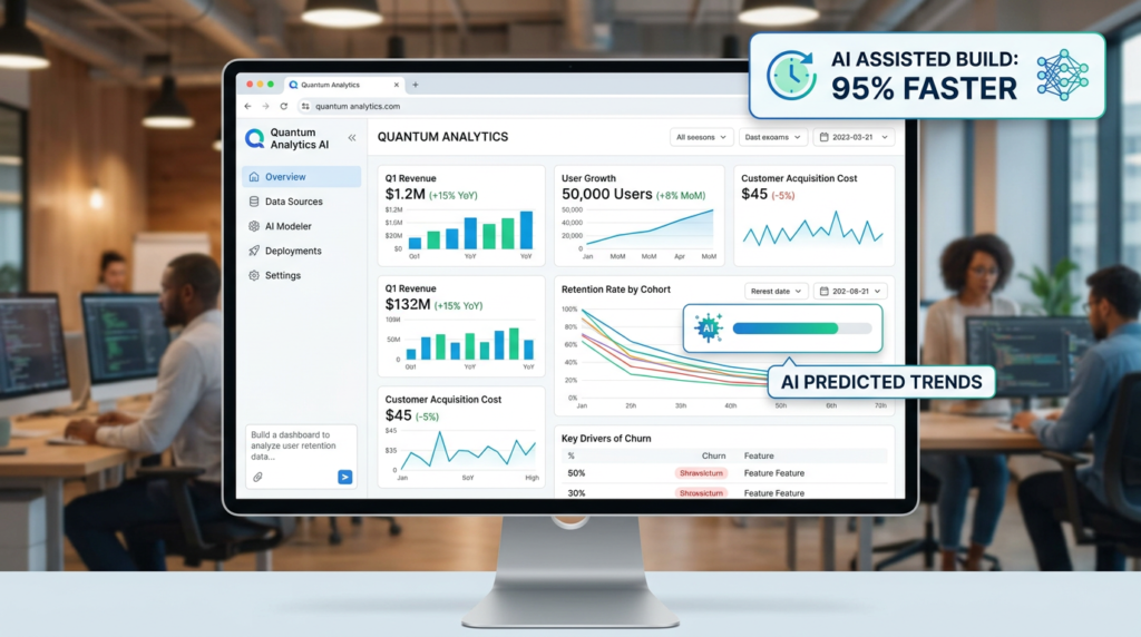 Data analytics dashboard showing revenue, user growth, customer acquisition cost, retention rate, and AI predicted trends